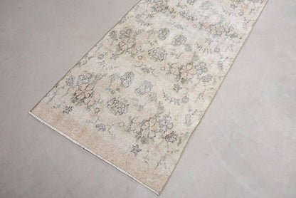 Vintage Wool Rug: Beige & Green, Striped Floral Design