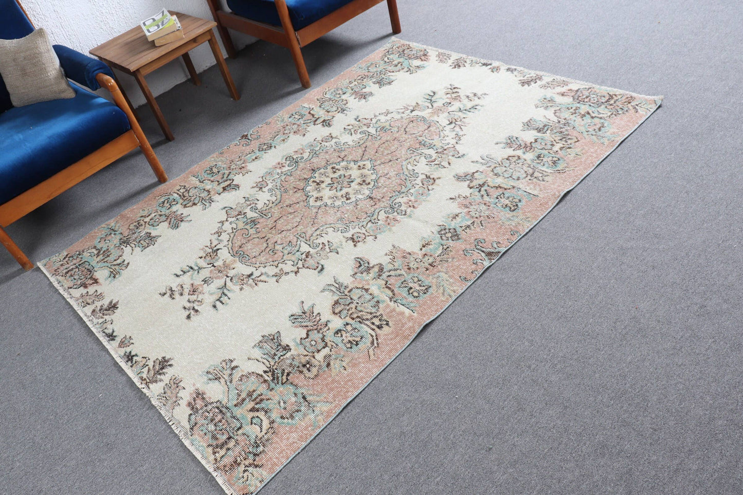 Turkish 8x5 ft Rug, Vintage Rug, Beige Ikat Rug Wool