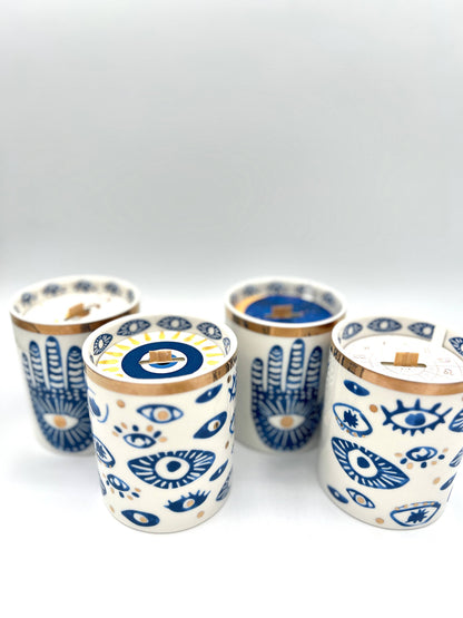 NEW! Beautiful Gold, Blue & White Ceramic "Evil Eye" Candle