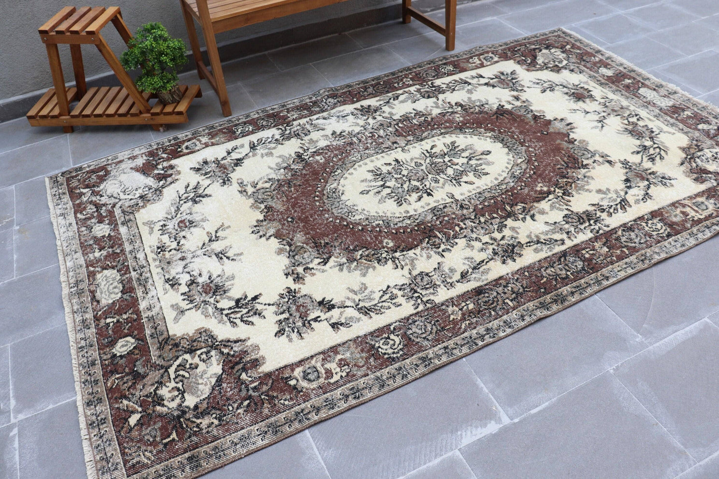 Vintage Rug, 5,2x8,7 ft Large Rug, Brown Beige Wool Rug