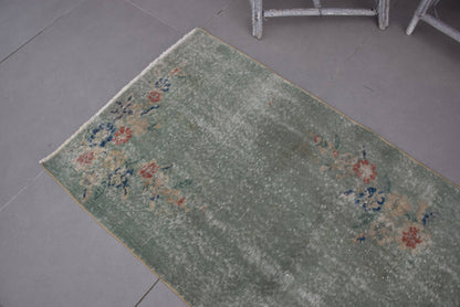 Turkish Vintage Accent Rug 2,9x6,2 ft, Green Oriental Rug Wool