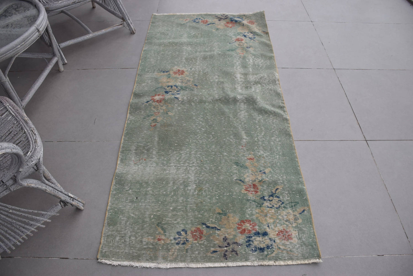 Turkish Vintage Accent Rug 2,9x6,2 ft, Green Oriental Rug Wool