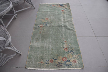Turkish Vintage Accent Rug 2,9x6,2 ft, Green Oriental Rug Wool