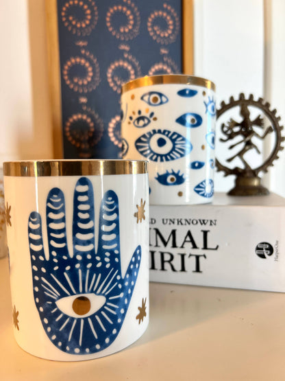NEW! Beautiful Gold, Blue & White Ceramic "Evil Eye" Candle