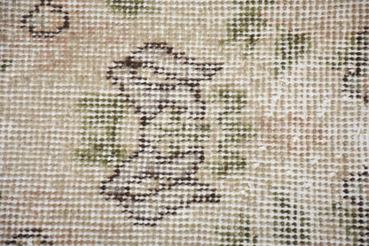 Vintage Wool Rug: Beige & Green, Striped Floral Design