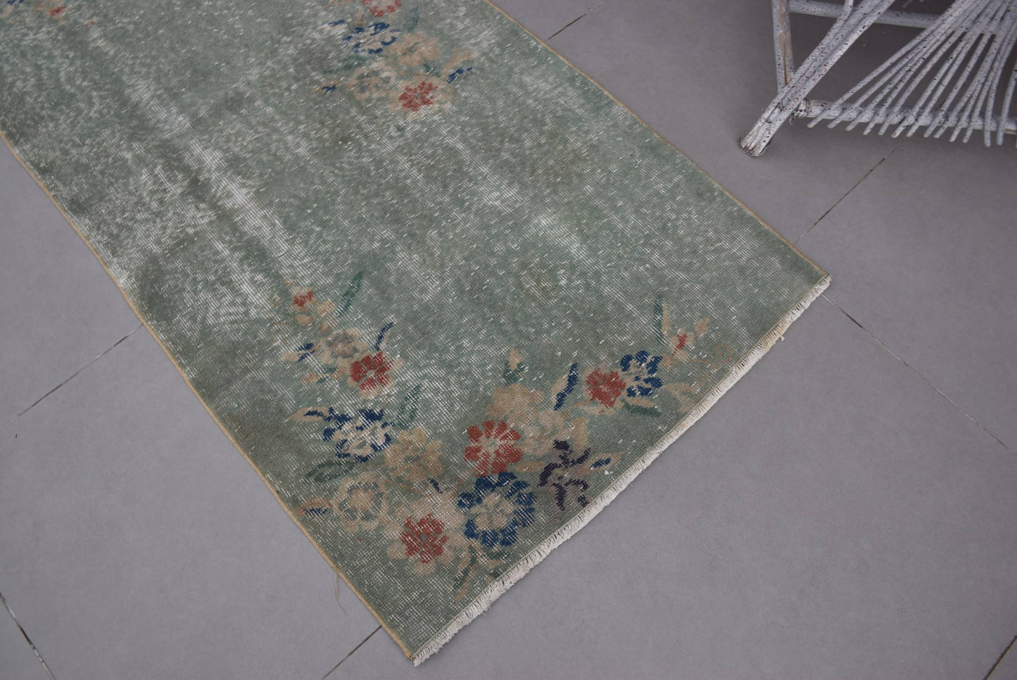 Turkish Vintage Accent Rug 2,9x6,2 ft, Green Oriental Rug Wool