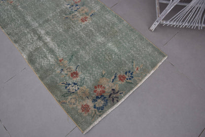 Turkish Vintage Accent Rug 2,9x6,2 ft, Green Oriental Rug Wool